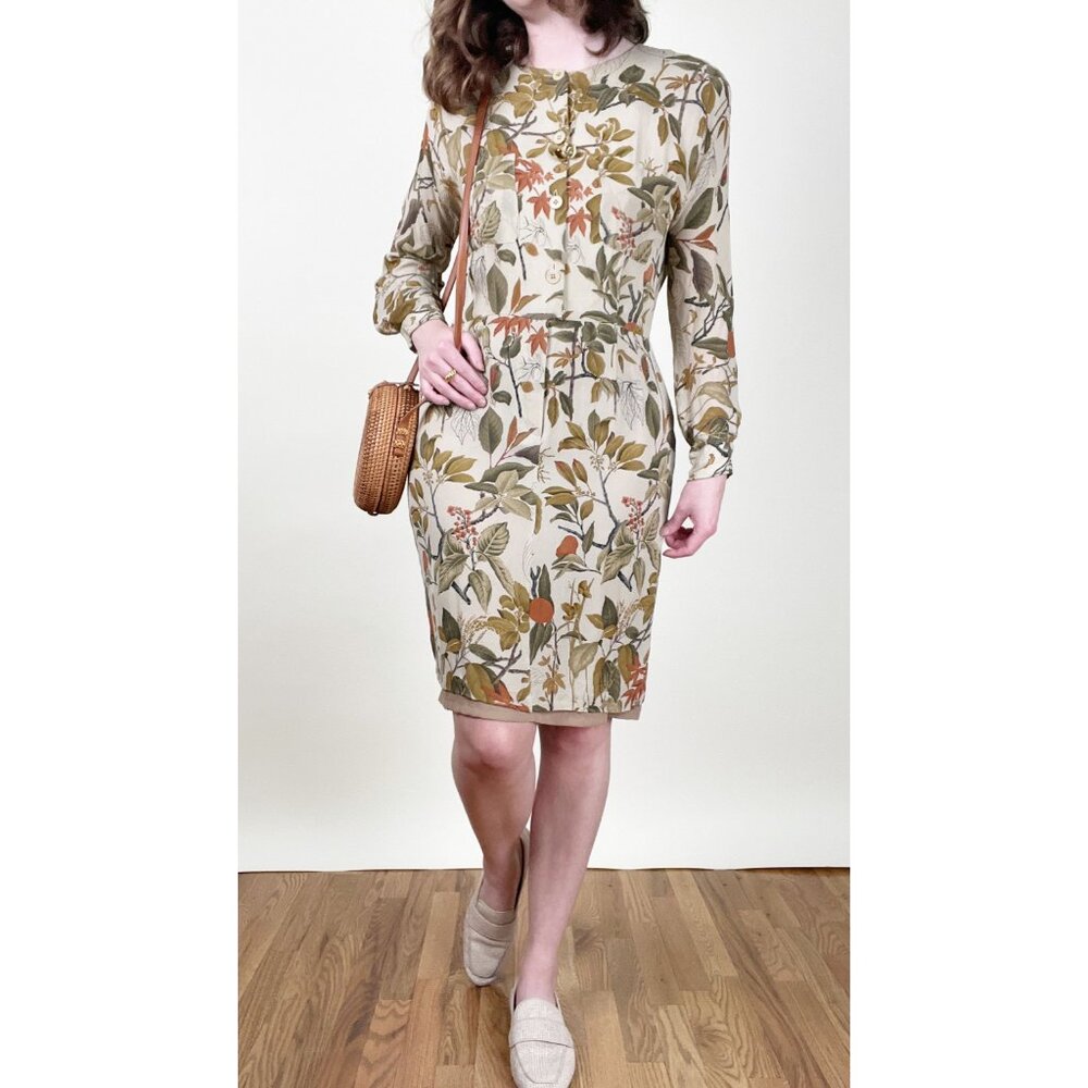 Vintage 100% Silk Novelty Print Floral Foliage Shirt Mini Midi Dress Long Sleeve - Picture 1 of 7